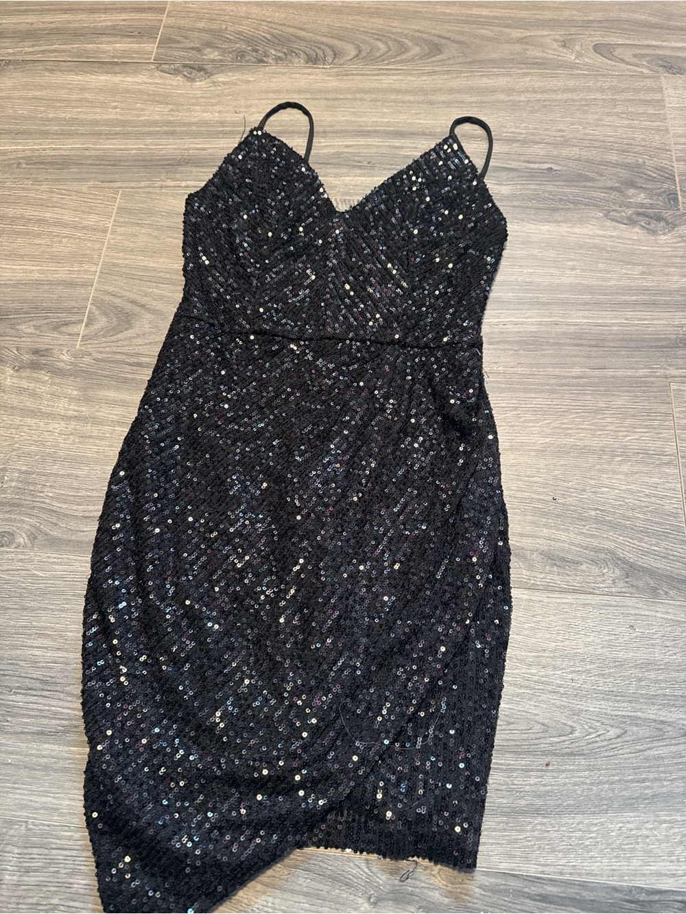 Crystal Doll Black Sequin Mini Dress with Spaghetti Straps